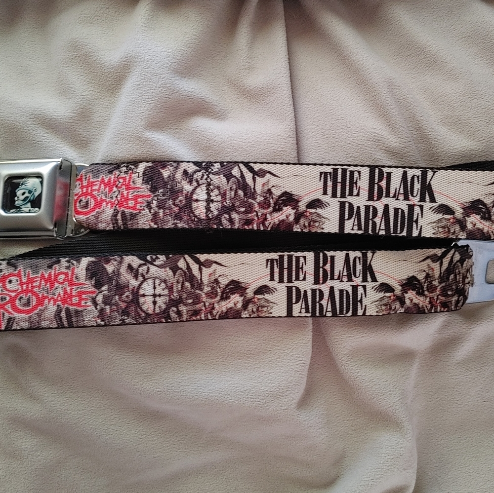 Adjustable "seat belt" belt. My Chemical Romance album art.